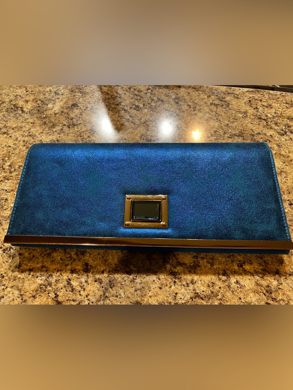 Iridescent Blue Evening Clutch with Gold Trim
